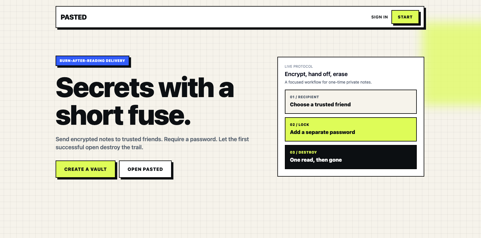 Pasted one-time encrypted secrets homepage